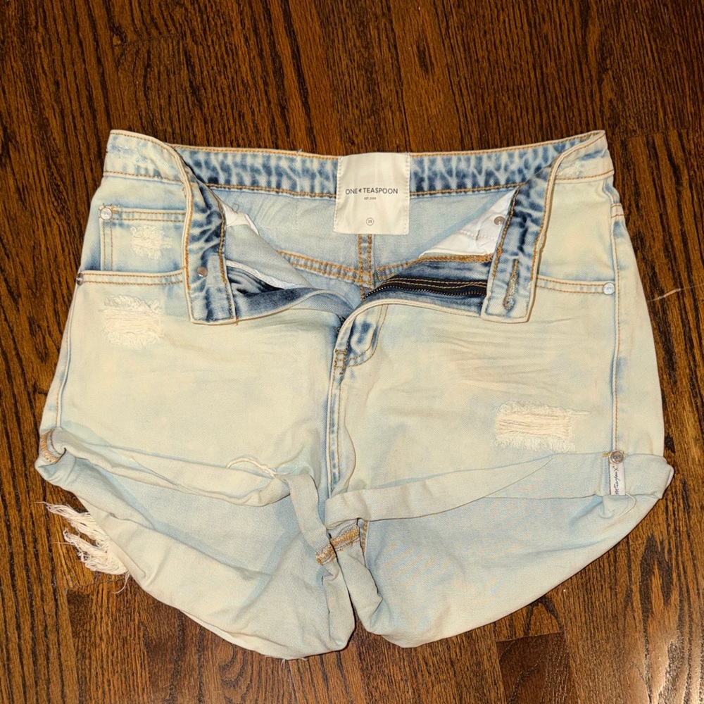 One Teaspoon Faded Blue Distressed Jean Shorts